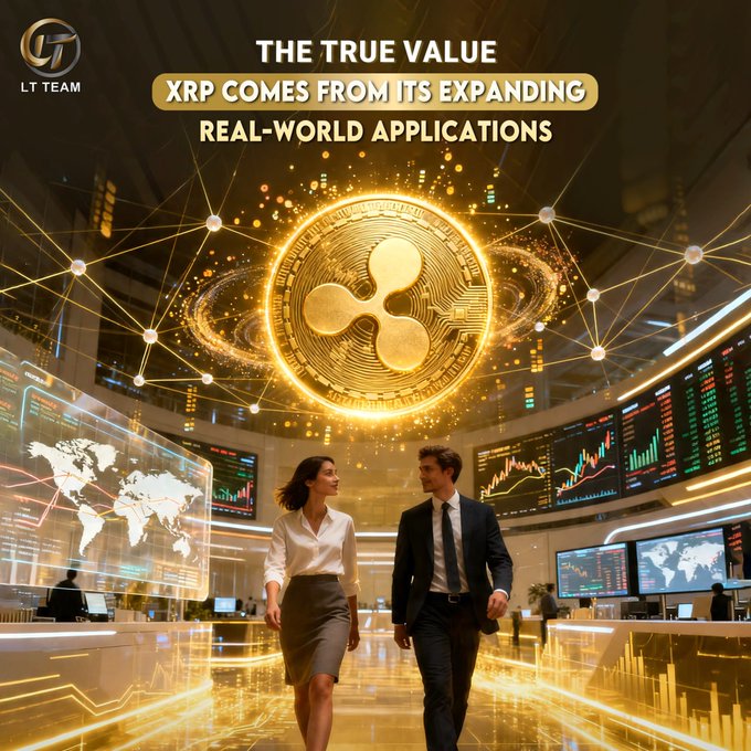 A businesswoman and businessman walk through a high-tech financial trading floor beneath a glowing golden XRP coin surrounded by blockchain network nodes, with the text "THE TRUE VALUE XRP COMES FROM ITS EXPANDING REAL-WORLD APPLICATIONS" displayed above. The imagery reinforces the post's message about XRP's growing integration with global payment networks and real-world financial adoption, visually linking the cryptocurrency to institutional finance and worldwide connectivity.