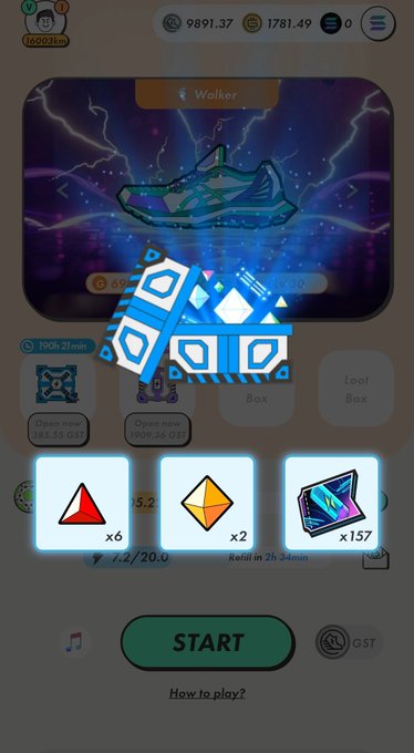 A STEPN Mystery Box interface displaying a Walker sneaker with a pending 21-minute timer, requiring 157 tickets to open the box, alongside 6 red gems and 2 yellow gems.