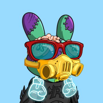 A cartoon illustration of a green character wearing large red sunglasses, a yellow gas mask, and dark armor against a light blue background.