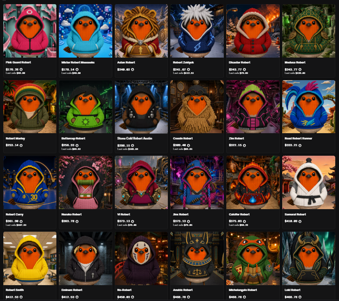 A grid displaying a collection of NFT "Robert" hooded characters in various themed outfits (Pink Guard, Winter, Asian, Zombie, Blindeer, Madusa, Marley, Darkscope, Stone Cold Austin Austin, Cronin, Zen, Road Runner Runner, Clary, Naruto, Vi, Jiu, Cobalt, Samurai, Smith, Eminem, No, Anubis, Michelangelo, Loki), each with a listed price in dollars and last sale price.