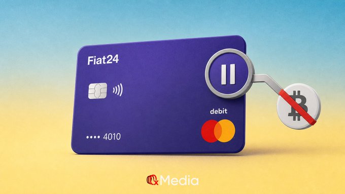 A digital illustration of a purple 'Fiat24' debit card with a pause symbol and a crossed-out Bitcoin icon connected to it, branded with an '&Media' logo.