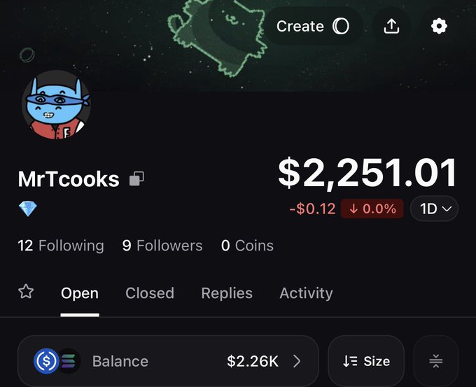 A social media profile page for user 'MrTcooks' displaying a balance of $2,251.01, with 12 Following, 9 Followers, and 0 Coins.