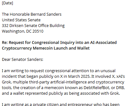 The image shows a formal letter dated [Date] addressed to Senator Bernard Sanders, requesting a congressional inquiry into the launch of $DRB (DebtReliefBot), an AI-associated memecoin connected to xAI's Grok. The post referencing "Level 42 shilling" and $DRB connects to this letter, where the sender flags $DRB and its Grok-associated wallet as an "unusual incident" worthy of congressional attention.