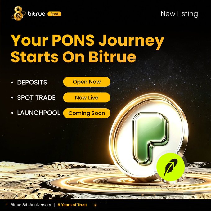 Bitrue announces the listing of $PONS token with deposits open and spot trading now live, teasing an upcoming Launchpool offering up to 60% APR rewards for $BTR holders. The promotional graphic features a glowing green "P" coin against a cosmic lunar backdrop, highlighting the "New Listing" status alongside Bitrue's 8th Anniversary branding.