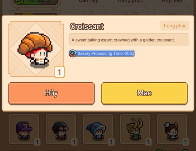 A screenshot from a pixel art game showing a character customization menu for a 'Croissant' outfit, which grants a 'Bakery Processing Time -20%' bonus, with Vietnamese buttons 'Hủy' (Cancel) and 'Mặc' (Wear).