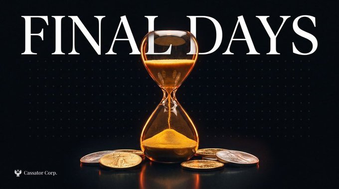 An hourglass with gold sand rests on a pile of coins against a black background with the text 'FINAL DAYS' and the 'Cassator Corp.' logo.