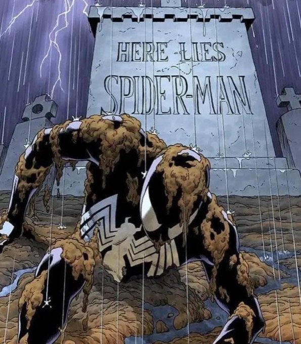 A comic book illustration showing Spider-Man in his black symbiote suit, buried in mud and crawling in front of a tombstone that reads 'HERE LIES SPIDER-MAN', with rain and lightning in the background.