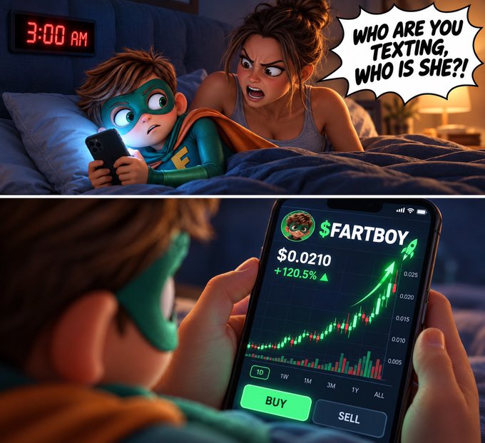 A two-part illustration: the top depicts a mother catching her son texting at 3:00 AM asking 'WHO ARE YOU TEXTING, WHO IS SHE?!' while the bottom shows the boy looking at a stock chart for '$FARTBOY' showing a price increase of +120.5% with BUY and SELL options.