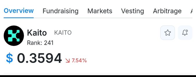 A crypto overview screen shows 'Kaito (KAITO)' ranked 241 with a price of $0.3594, down 7.54%.