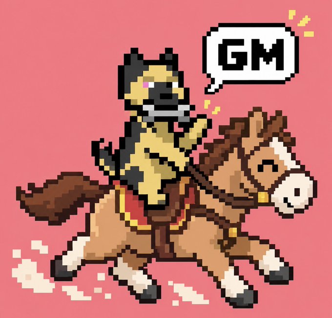 A pixel art image of a tan and black dog riding a galloping brown and white horse on a pink background, with a speech bubble saying 'GM'.