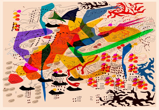 A vibrant, abstract digital artwork featuring colorful organic shapes, scattered dots, and coral-like forms layered over cream and red backgrounds, characteristic of contemporary NFT art on Objkt. The accompanying post promotes the piece as "how to talk to an unreal mammal" — a 10-edition digital artwork available for 100 tezos on the Objkt marketplace.