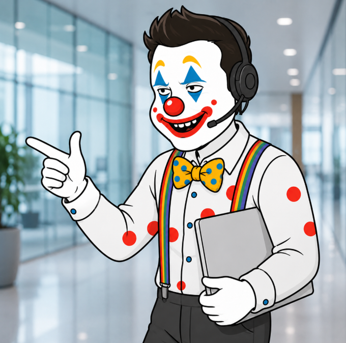 A cartoon illustration of a clown with a headset, yellow polka-dot bow tie, and rainbow suspenders pointing while holding a laptop in an office setting.