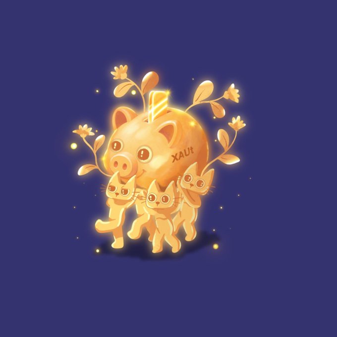 A glowing golden piggy bank labeled "XAUt" is carried by three small golden cats, surrounded by sparkling flowers, symbolizing wealth and prosperity. The whimsical imagery ties into the post's message about chasing gains, reminding viewers that missing the $cets opportunity will leave investors with regret rather than another chance at such a golden run.