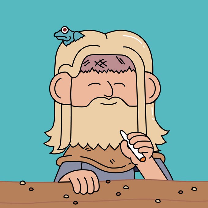 A cartoon illustration of a blonde, bearded man with a fish on his head smoking a cigarette against a teal background.