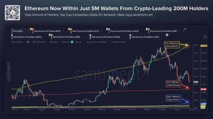The main focus of the image is a chart displaying the growth of Ethereum's user base over time. The chart indicates that there are now 5M wallets connected to Ethereum, and this number has doubled since Bitcoin's entry into 2015. Furthermore, Ethereum has attracted more than 230 million non-empty addresses, which is 50% more than Bitcoin currently holds at around 230M addresses. Despite the current bearish sentiment in cryptocurrency markets, Ethereum shows potential for growth and increased usage over time, as evidenced by the chart.