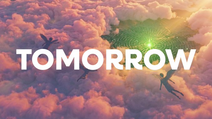 The image displays the word "TOMORROW" in large white text overlaid on a dreamy scene of three winged figures flying through pink and orange clouds toward a glowing green geometric pattern resembling a maze or digital landscape. The image directly reinforces the post's message of upcoming launch ("Tomorrow"), while the winged figures evoke the Icarus reference from the caption, soaring toward the bright green Rise Chain destination.