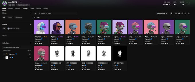 A screenshot of a digital art marketplace displaying a collection of pixel-art character NFT portraits, with the wallet address 'sergio876' visible at the top alongside price and value metrics.