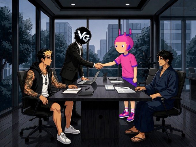 A digital illustration depicts a meeting around a dark conference table with two seated men, a standing faceless figure in a suit with a 'VG' logo for a head, and an anime-style character with bright pink hair shaking hands.