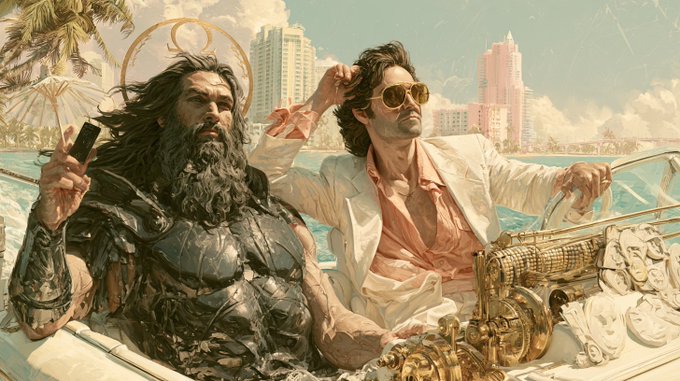 A digital painting depicts two bearded men in a convertible, one in dark armor with a halo and the other in a white suit and sunglasses, set against a coastal cityscape.