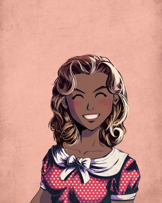 A comic-style illustration of a smiling woman with blonde curly hair, blushing cheeks, and a red polka-dot dress with a white bow collar against a textured peach background.