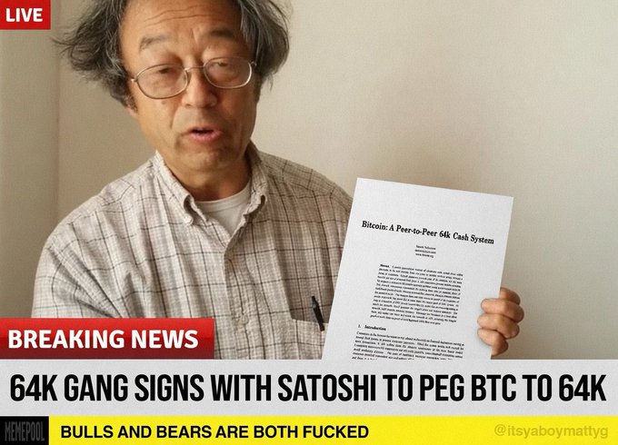 A man holds up the Bitcoin whitepaper titled "Bitcoin: A Peer-to-Peer 64k Cash System" in a fake news broadcast, with the chyron reading "64K GANG SIGNS WITH SATOSHI TO PEG BTC TO 64K" and "BULLS AND BEARS ARE BOTH FUCKED," humorously tying the 1 BTC = 64k price level to the number 64K referenced in the mempool source code.