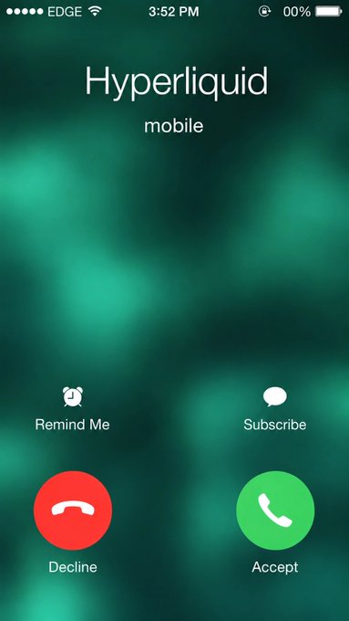 An iOS incoming call screen displays 'Hyperliquid mobile' with options to Remind Me, Subscribe, Decline, or Accept.