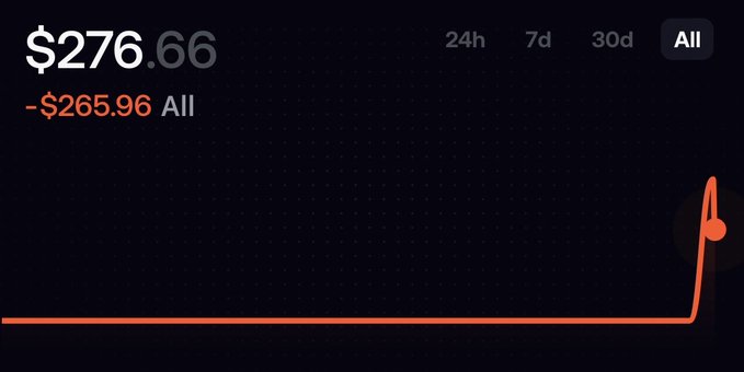 A dark dashboard shows a value of $276.66 with a loss of -$265.96 over 'All' time, accompanied by a line graph with a sharp upward spike at the end.