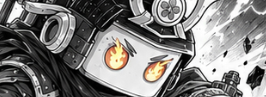A close-up black and white illustration of a mechanical character with glowing orange eyes resembling flames on its screen-like face, surrounded by tubes and industrial details.