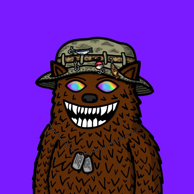 A cartoon brown bear with rainbow eyes, a wide toothy grin, and military dog tags wears a boonie hat adorned with fishing lures, set against a purple background. The illustration visually represents the $FUZZY token and its mascot bear character raebyzzuF #186, as referenced in the post about a successful transaction with @fuzzy_eagIe.