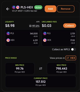 Screenshot of a PLS-HEX liquidity pool interface showing $8.98 liquidity, 197.21% APR, and a price range of 99.76 to 798.443 PLS per HEX.