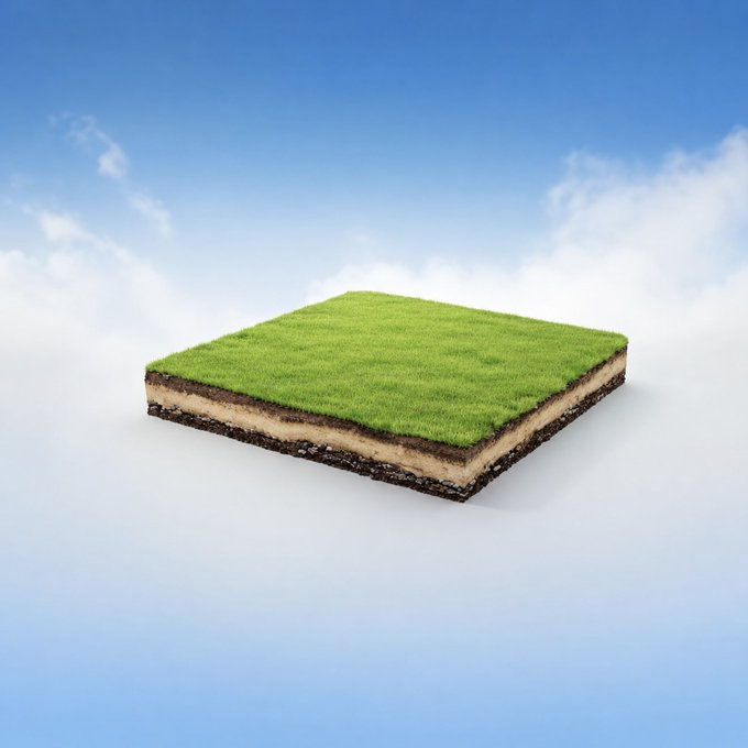A 3D render of a square patch of land showing a cross-section of layers including grass on top, soil, and sandy layers, floating against a blue sky with clouds.