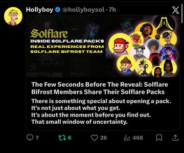 A social media post by Hollyboy (@hollyboysol) about Solflare packs, featuring the text "The Few Seconds Before The Reveal: Solflare Bifrost Members Share Their Solflare Packs".