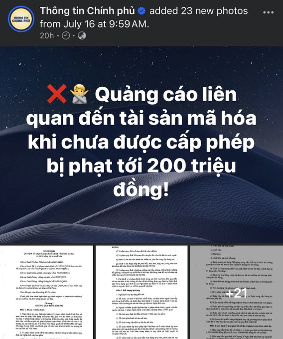 Vietnamese government page warning about advertising for unlicensed crypto exchanges with fines up to 200 million VND.