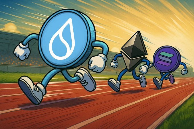 A cartoon illustration of cryptocurrency mascots — Sui (blue droplet), Ethereum (black diamond), and Solana (purple) — running on a red athletic track.
