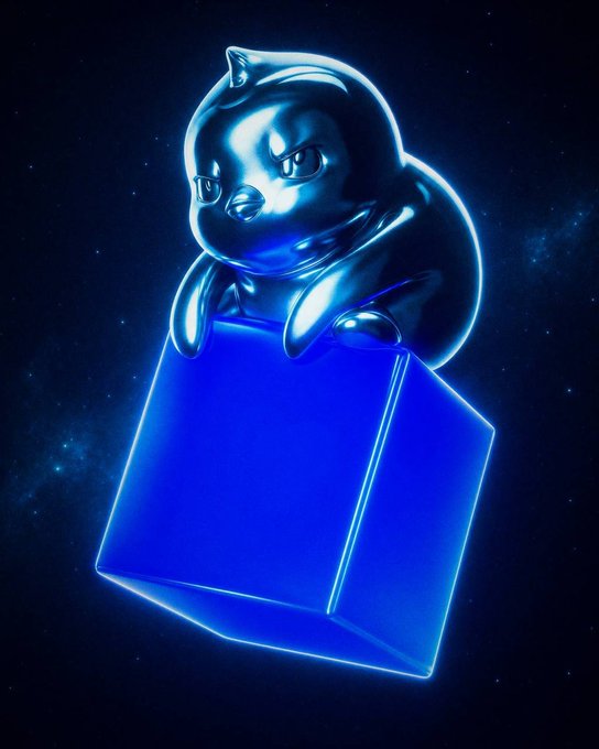 A metallic, chrome-like figurine of a bear-like character sits on a blue, glowing cube against a starry dark blue background.