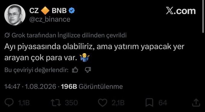 The image shows a Turkish-language tweet from CZ (Changpeng Zhao, @cz_binance), founder of Binance and associated with the BNB cryptocurrency, dated August 1, 2026, which translates to: "We may be in a bear market, but there is a lot of money looking for places to invest," with 196B views. The accompanying post's crude commentary appears to mock CZ's comment about market investment sentiment, suggesting his bullish stance amid a crypto downturn was born from poor judgment.