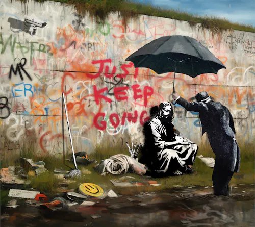 A street art mural on a wall shows a figure holding an umbrella over a seated homeless person, with red graffiti reading 'JUST KEEP GOING' in the background.
