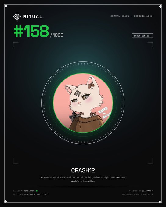A Ritual Chain Genesis 1000 NFT card (#158/1000) features an illustrated white cat with a spider hair accessory inside a green-lit circular frame, labeled "CRASH12" — an Early Genesis agent that automates web3 tasks and monitors on-chain activity. The card supports the accompanying post celebrating ownership of agent #158 in Ritual's early AI agent collection, deployed on May 28, 2025, and claimed by wallet 0x88C1...DD08.