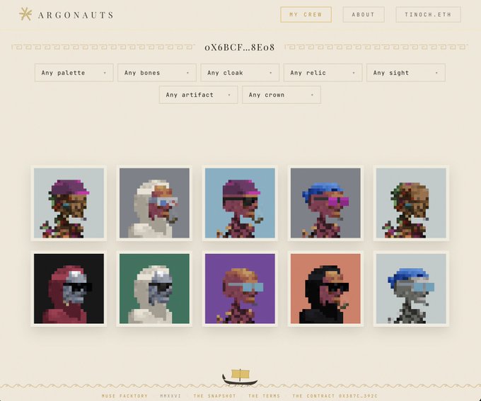 A webpage for 'ARGONAUTS' showing a pixel art NFT collection with dropdown filters for palette, bones, cloak, relic, sight, artifact, and crown.