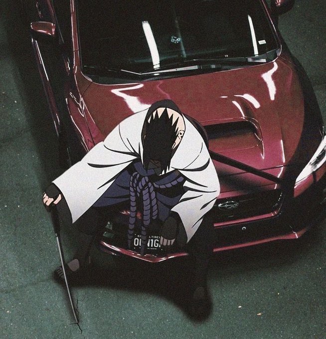 An anime-style illustration of a hooded figure with sharp teeth sitting on the hood of a red car, holding a cane.