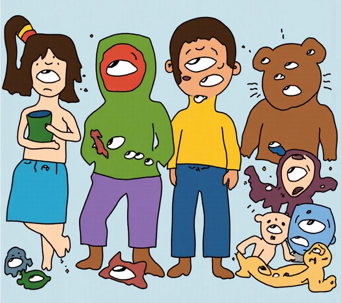 A cartoon illustration showing a group of characters in various costumes and animal onesies with large eyes, including a figure in green and one in yellow.
