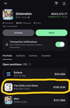 A screenshot of a crypto portfolio app showing user @alonanon's holdings worth $640,473.77, with 'You Only Live Once' (YOLO token) valued at $195.63K highlighted in yellow.