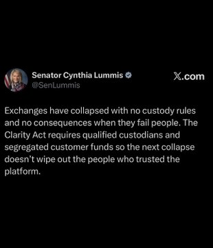 A tweet from Senator Cynthia Lummis (@SenLummis) reads: 'Exchanges have collapsed with no custody rules and no consequences when they fail people. The Clarity Act requires qualified custodians and segregated customer funds so the next collapse doesn't wipe out the people who trusted the platform.'