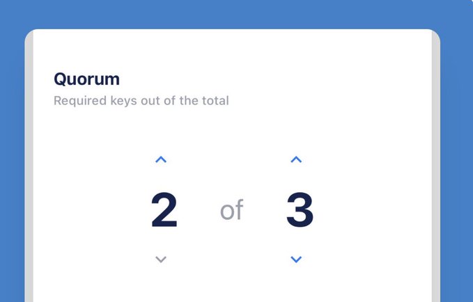 A UI panel titled "Quorum" showing a setting of "2 of 3" required keys.