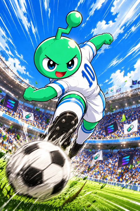 An anime/manga-style illustration of a green alien mascot wearing a soccer uniform with the number 10, kicking a soccer ball in a stadium with a bright blue sky.