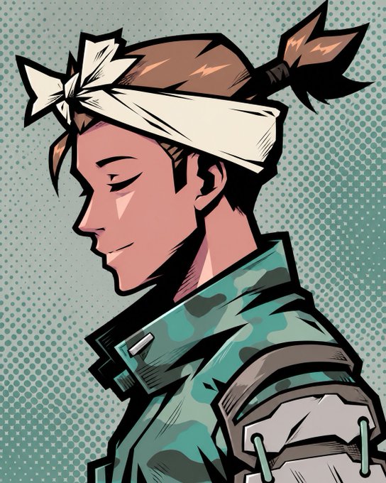 A stylized comic-book illustration depicts a young man with a white headband and topknot, wearing a camouflage jacket, with eyes closed in profile against a teal halftone background.
