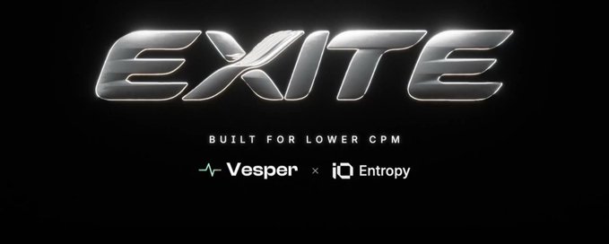 A promotional graphic with the word "EXITE" in metallic silver text, with the tagline "BUILT FOR LOWER CPM" and logos for "Vesper" and "Entropy" on a black background.