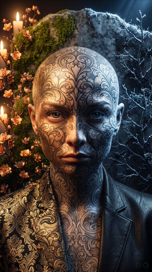 A surreal digital artwork featuring a bald humanoid figure with intricate gold and silver ornamental patterns covering its face and body, split between warm candlelight with flowers on one side and cold frost-covered branches on the other.