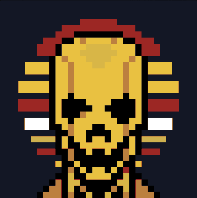 Pixel art illustration of a yellow skull-like figure with red, yellow, and white striped elements behind its head.