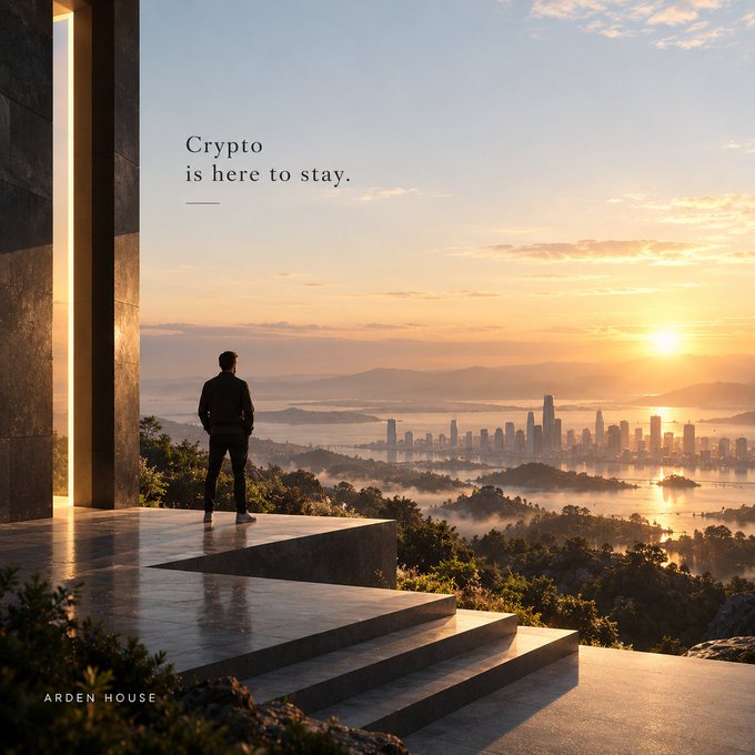 An advertisement showing a person standing on a modern stone terrace overlooking a misty city skyline at sunset, with text reading 'Crypto is here to stay.' and 'ARDEN HOUSE'.